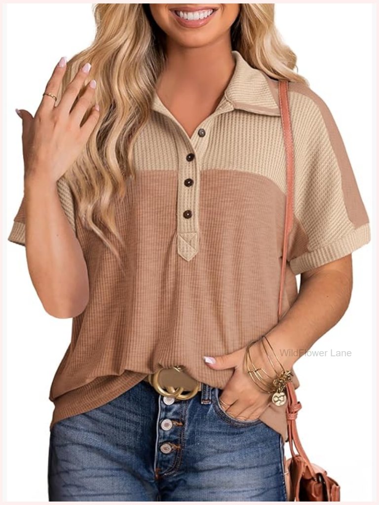 Color Block Short Sleeve V Neck Knit Casual Loose Pullover Top